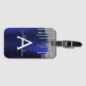Zilveren Navy Blauwe Glitters Schitter Monogram Na Bagagelabel (Voorkant (horizontaal))