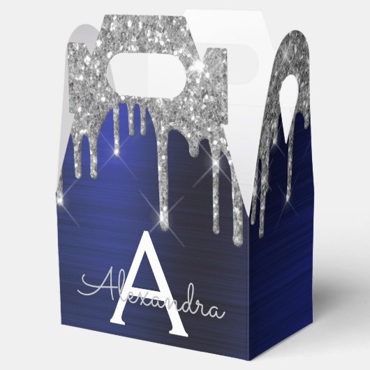 Zilveren Navy Blauwe Glitters Schitter Monogram Na Bedankdoosjes (Geopend)