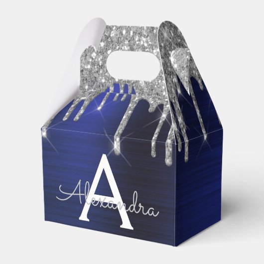 Zilveren Navy Blauwe Glitters Schitter Monogram Na Bedankdoosjes (Voorkant Zijde)