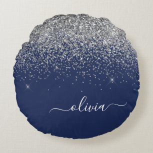 Zilveren Navy Blauwe Meisjesachtige Glitter Glans Rond Kussen