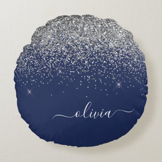 Zilveren Navy Blauwe Meisjesachtige Glitter Glans  Rond Kussen (Voorkant)