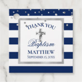 Zilveren Navy Blauwe Strepen Doop Ceremonie Jongen Bedankjes Labels (Voorkant)