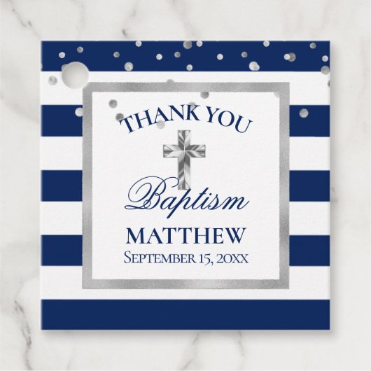 Zilveren Navy Blauwe Strepen Doop Ceremonie Jongen Bedankjes Labels (Voorkant)