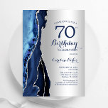 Zilveren Navy Blue Agaat 70e verjaardag Kaart<br><div class="desc">Marineblauw en zilveren agaat 70ste uitnodiging voor verjaardagsfeestje. Elegant modern ontwerp met een koningsblauwe waterverf agaat marmeren geode achtergrond,  faux glitter silver en typografie script lettertype. Trendy uitnodigingskaart perfect voor een stijlvol vrouwenfeest. Gedrukte Zazzle-uitnodigingen of direct download digitale afdrukbare sjabloon.</div>
