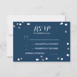 Zilveren Navy Confetti Elegante Trouwen RSVP Kaart