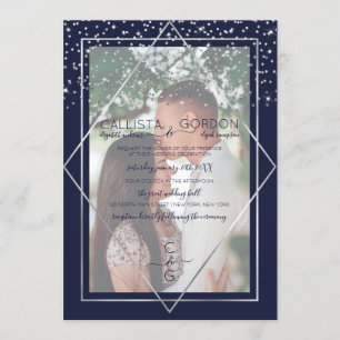Zilveren Navy Confetti Geo Rand Foto Bruiloft Kaart