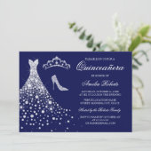 Zilveren Navy Diamond Jurk Tiara Quinceanera Kaart (Staand voorkant)