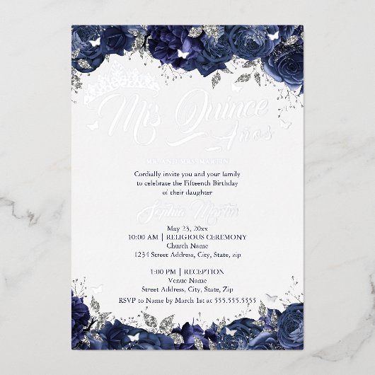 Zilveren Navy Roze Mis Quince Quinceanera  Folie Uitnodiging (Voorkant)