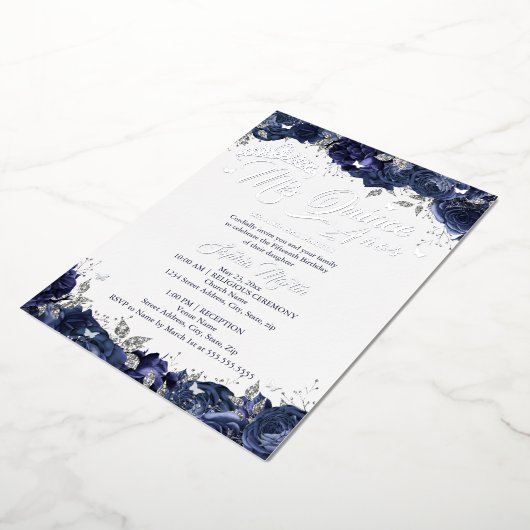 Zilveren Navy Roze Mis Quince Quinceanera  Folie Uitnodiging (Gedraaid)