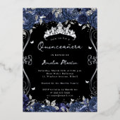 Zilveren Navy Swirl Scroll Floral Quinceanera Folie Uitnodiging (Voorkant)