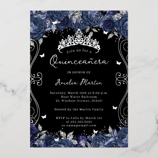 Zilveren Navy Swirl Scroll Floral Quinceanera Folie Uitnodiging (Voorkant)