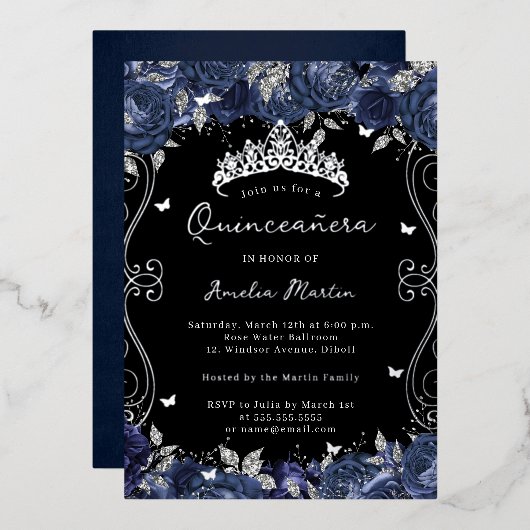 Zilveren Navy Swirl Scroll Floral Quinceanera Folie Uitnodiging (Voorkant / Achterkant)
