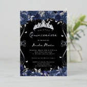 Zilveren Navy Swirl Scroll Floral Quinceanera Folie Uitnodiging (Staand Voorkant)