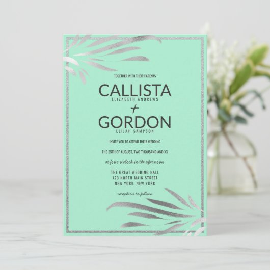 Zilveren Neo Mint Verlaat Glitter Border Wedding Kaart (Staand voorkant)