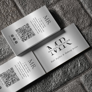 Zilveren Nep Geborsteld Metaal Modern Monogram QR  Visitekaartje