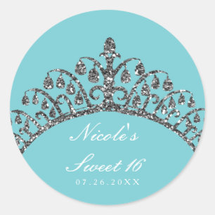 Zilveren nep glittersieraad kroon feestelijke favo ronde sticker