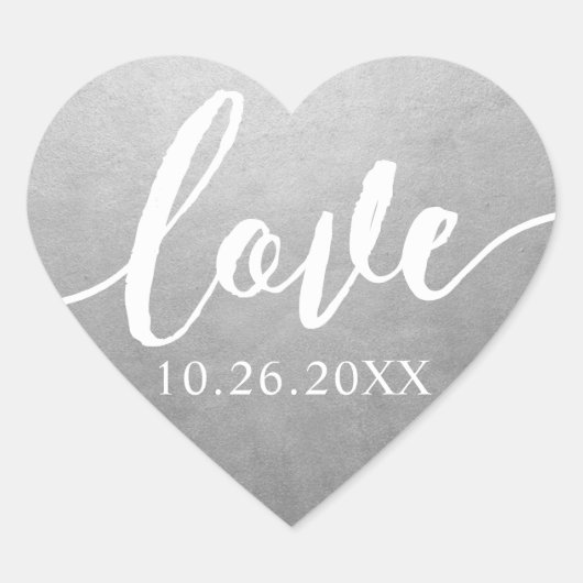 Zilveren nepfolie Liefde Script Trouwdatum Hart Sticker (Voorkant)