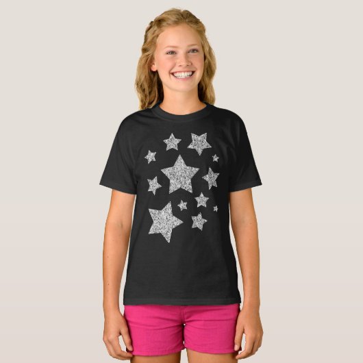 Zilveren nepschittertjes zwart witte sterren t-shirt (Voorkant volledig)
