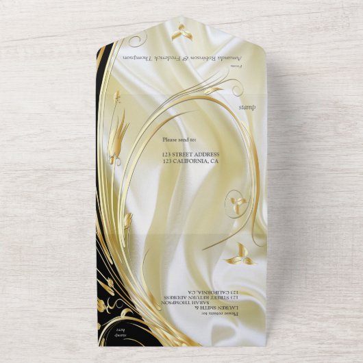 Zilveren of gouden Abstracte bloemen op zijde - Zi All In One Uitnodiging (Buitenkant)