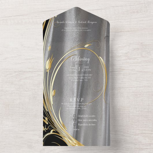 Zilveren of gouden Abstracte bloemen op zijde - Zi All In One Uitnodiging (Binnen)