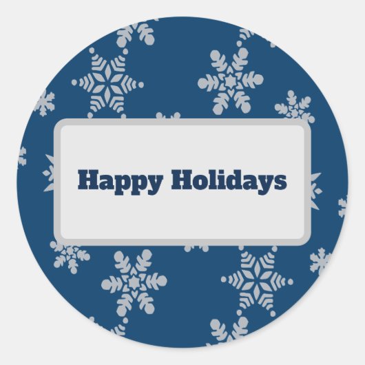 Zilveren of witte sneeuwvlokken op donkerblauw ronde sticker (Voorkant)