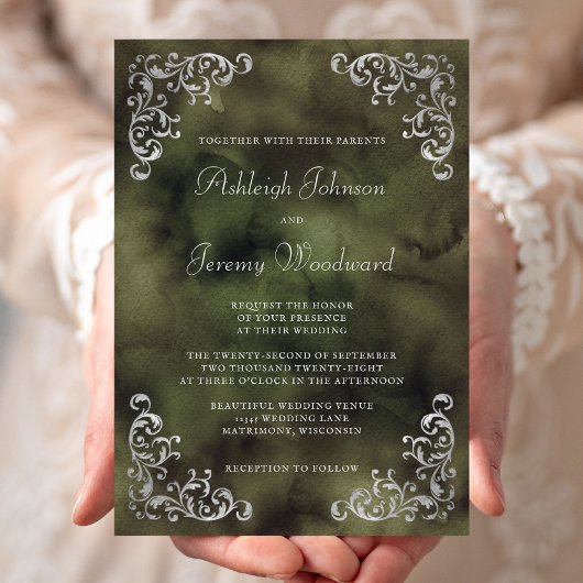 Zilveren Olive Green Waterverf Wedding Kaart