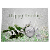 Zilveren Ornament Wit Lint Kerstcadeauzak Groot Cadeauzakje (Voorkant)