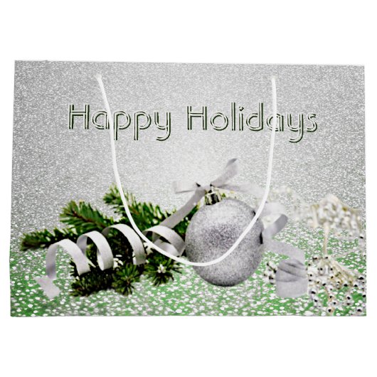 Zilveren Ornament Wit Lint Kerstcadeauzak Groot Cadeauzakje (Achterkant)