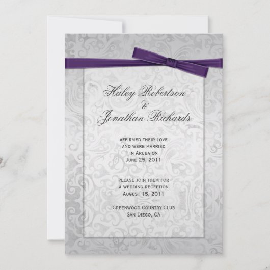 Zilveren Overlay Paarse Ribbon Bow Post Wedding Kaart (Voorkant)