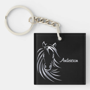 Zilveren Paard Hoofd op Zwart Gepersonaliseerd Scr Sleutelhanger