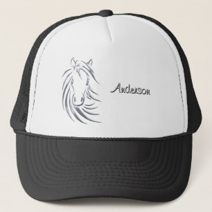 Zilveren Paard Hoofd op Zwart Gepersonaliseerd Scr Trucker Pet