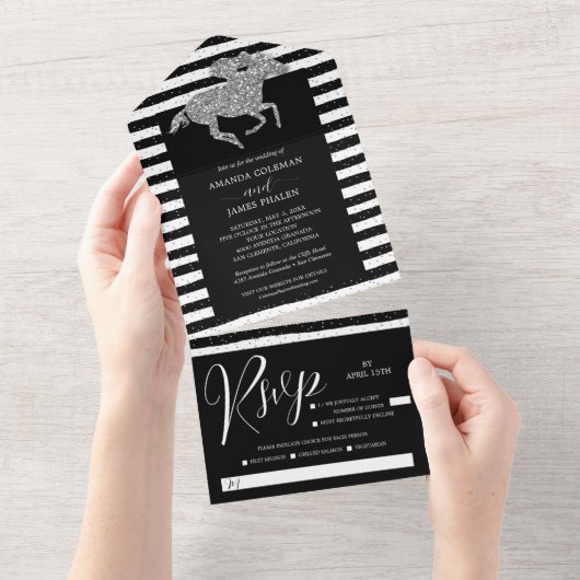 Zilveren Paard Zwart Witte Strepen Bruiloft All In One Uitnodiging (Afscheurbaar)