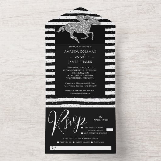 Zilveren Paard Zwart Witte Strepen Bruiloft All In One Uitnodiging (Binnen)