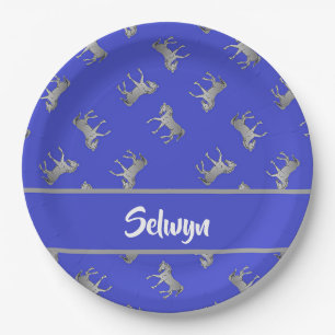 Zilveren paarden op blauw papieren bordje