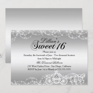 Zilveren paardenkoets prinses Sweet 16 uitnodiging