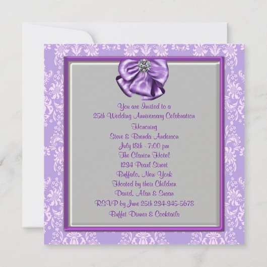 Zilveren Paarse 25e Huwelijksjubileum Feest Kaart (Achterkant)