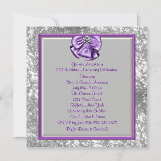Zilveren Paarse 25e Huwelijksjubileum Feest Kaart (Achterkant)