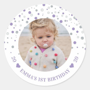 Zilveren & Paarse Ballonnen 1e Verjaardagsfeestje  Ronde Sticker