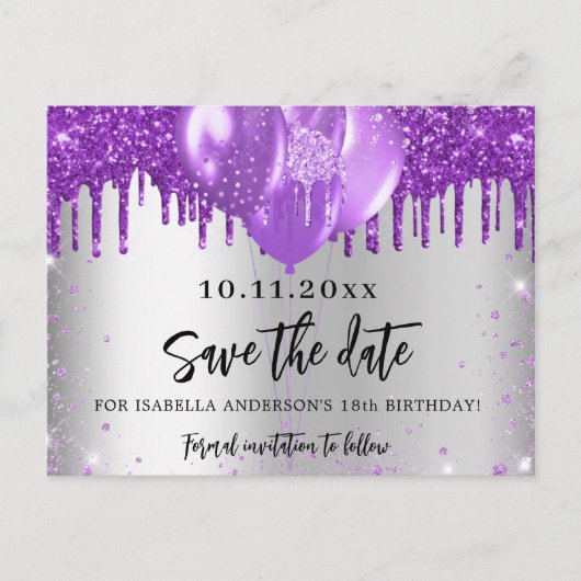Zilveren paarse ballonnen verjaardag, behalve de d aankondigingskaart (Voorkant)