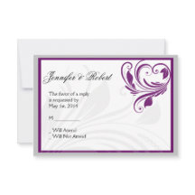 Zilveren Paarse Bloemen Hart Scroll Respons Kaart