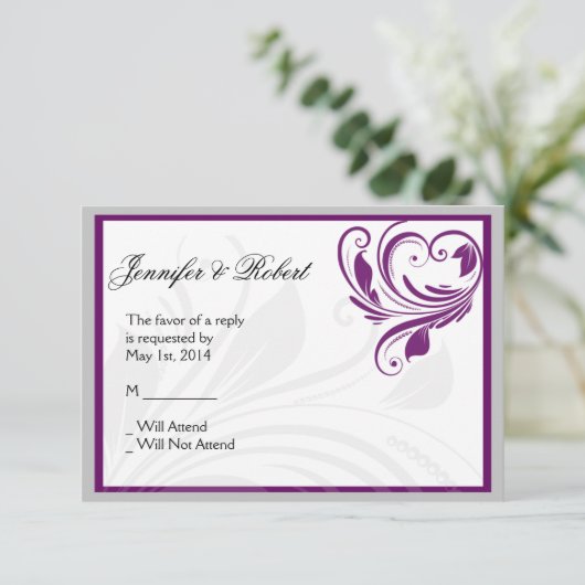 Zilveren Paarse Bloemen Hart Scroll Respons Kaart (Staand voorkant)