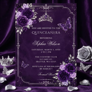 Zilveren Paarse Bloemvlinder Quinceañera Foto Kaart