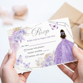 Zilveren Paarse Boho Vlinder Quinceañera RSVP Kaartje