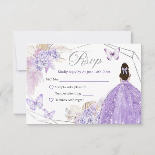 Zilveren Paarse Boho Vlinder Quinceañera RSVP Kaartje (Voorkant)