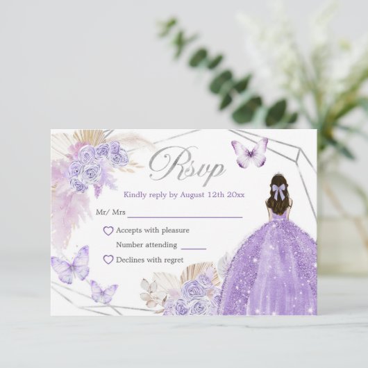 Zilveren Paarse Boho Vlinder Quinceañera RSVP Kaartje (Staand voorkant)