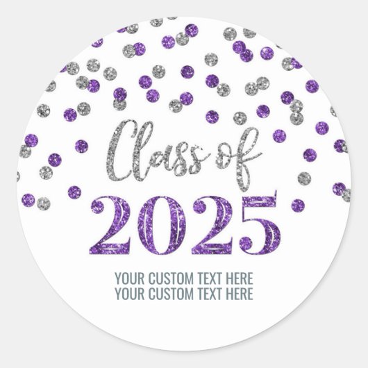 Zilveren Paarse Confetti Afstuderen 2025 Ronde Sticker (Voorkant)
