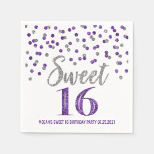 Zilveren Paarse Confetti Sweet 16 Birthday Servet