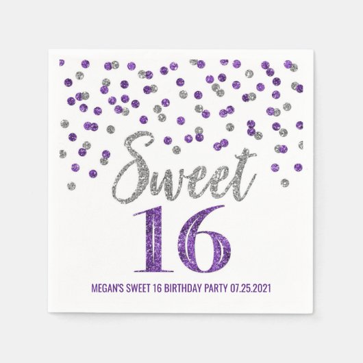 Zilveren Paarse Confetti Sweet 16 Birthday Servet (Voorkant)