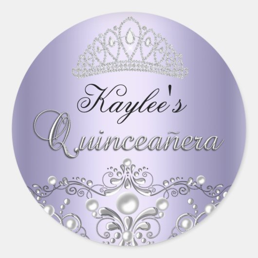 Zilveren & Paarse Damask Pearl Quinceanera Sticker (Voorkant)