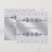 Zilveren Paarse Damast Quinceanera Kaart (Voorkant / Achterkant)